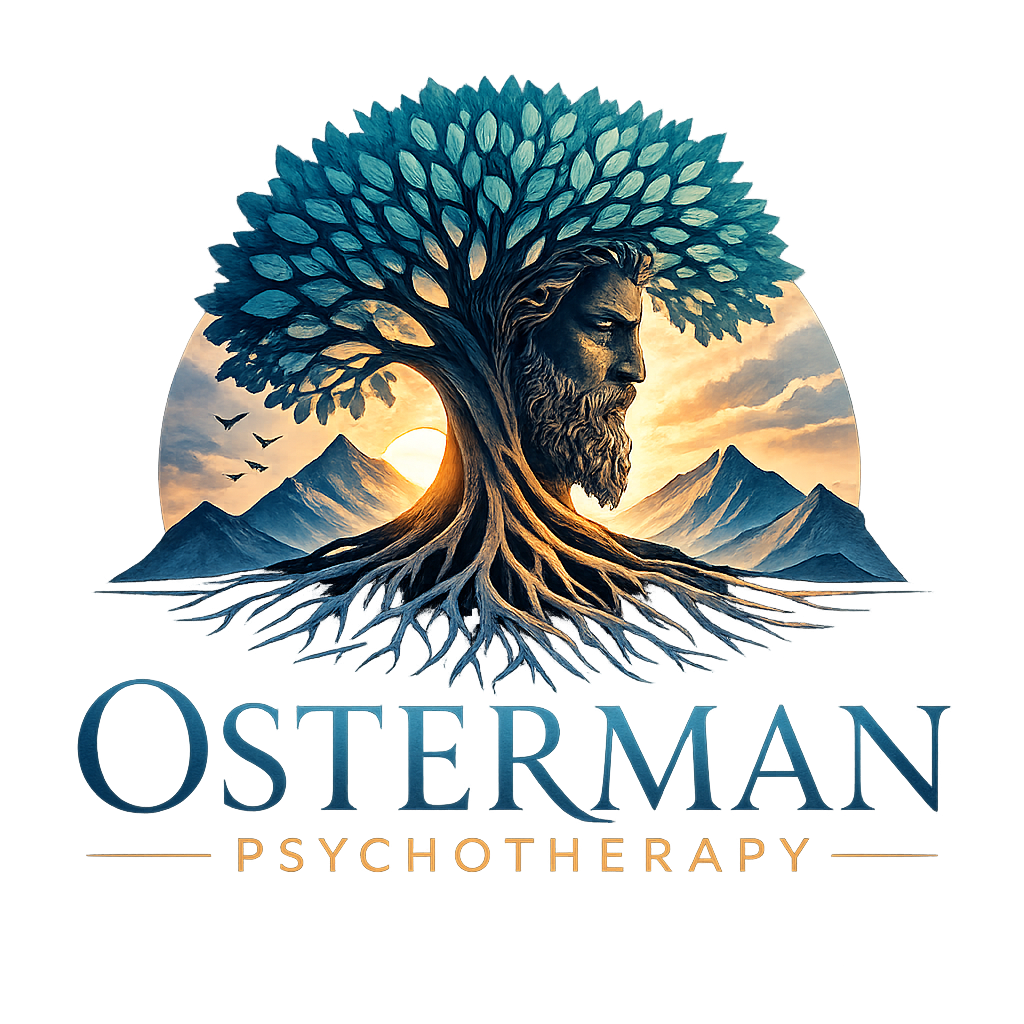 Osterman Psychotherapy logo featuring a tree, mountains, and a profile integrated into the trunk.