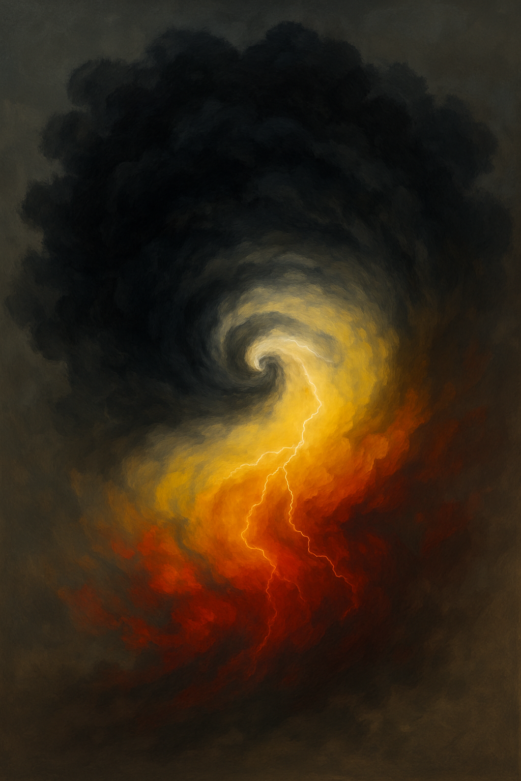 Atmospheric back cover image for Quit Evading featuring a dark storm spiral, lightning, and fire-like light.